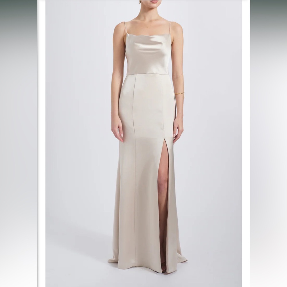 Amsale Chloe Satin Bridesmaid Dress in Champagne Fit & Flare Sheath Slit Cowl